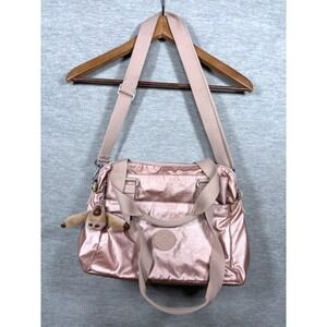 Kipling Shoulder Bag Satchel Monkey Keychain Pearlescent Pink Rose Gold